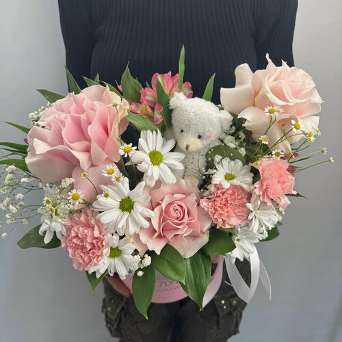 Изображение товара Букет / Французская Роза, Гвоздика, Кустовая хризантема, цвет розовый, белый, 13шт