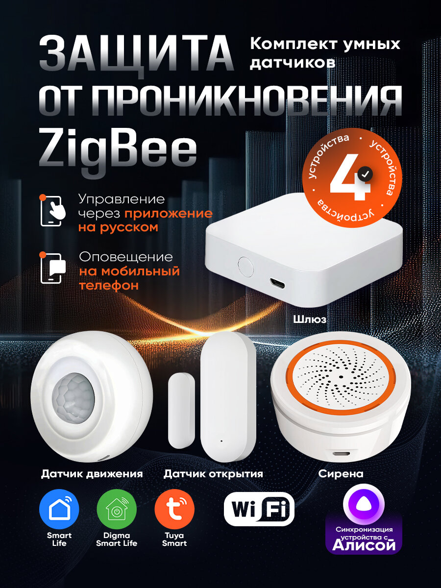 Zigbee Набор умный дом, шлюз, датчики движения и открытия, сирена