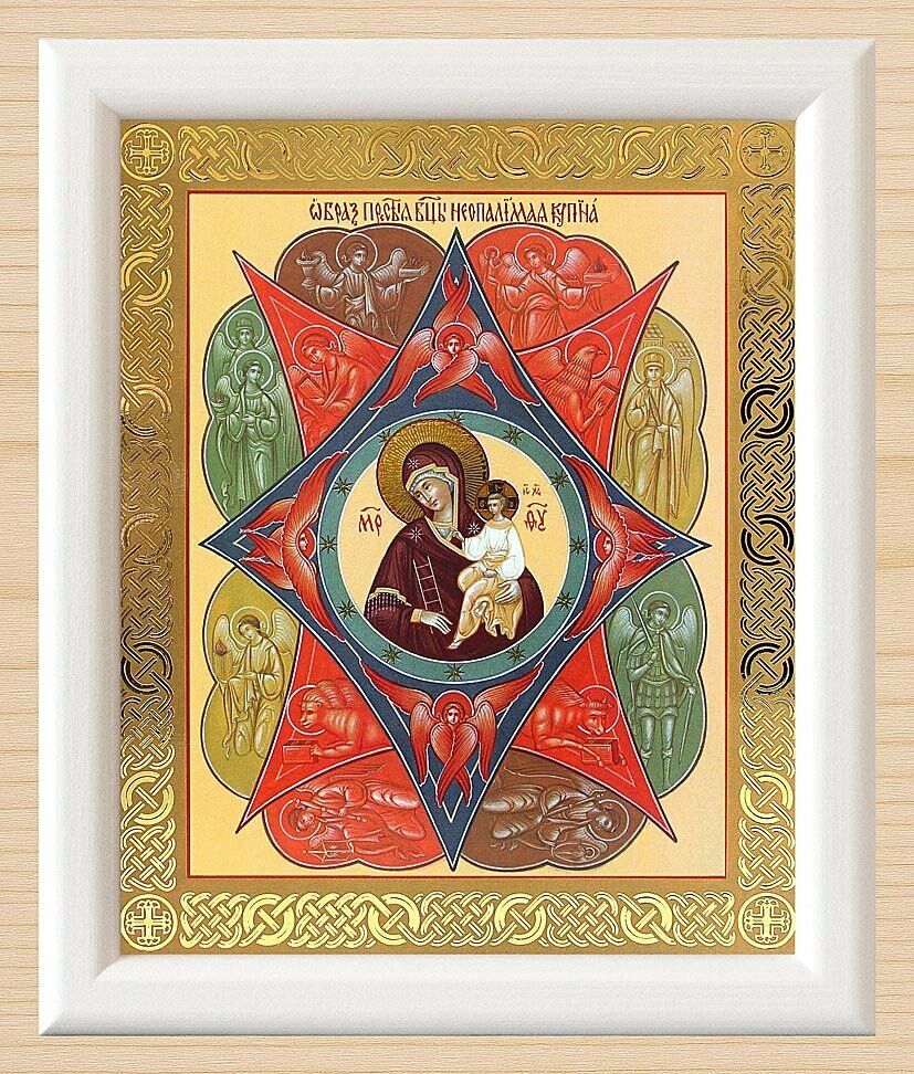 Икона Божией Матери "Неопалимая Купина" (лик № 020), в белой деревянной рамке 17,5*20,5 см