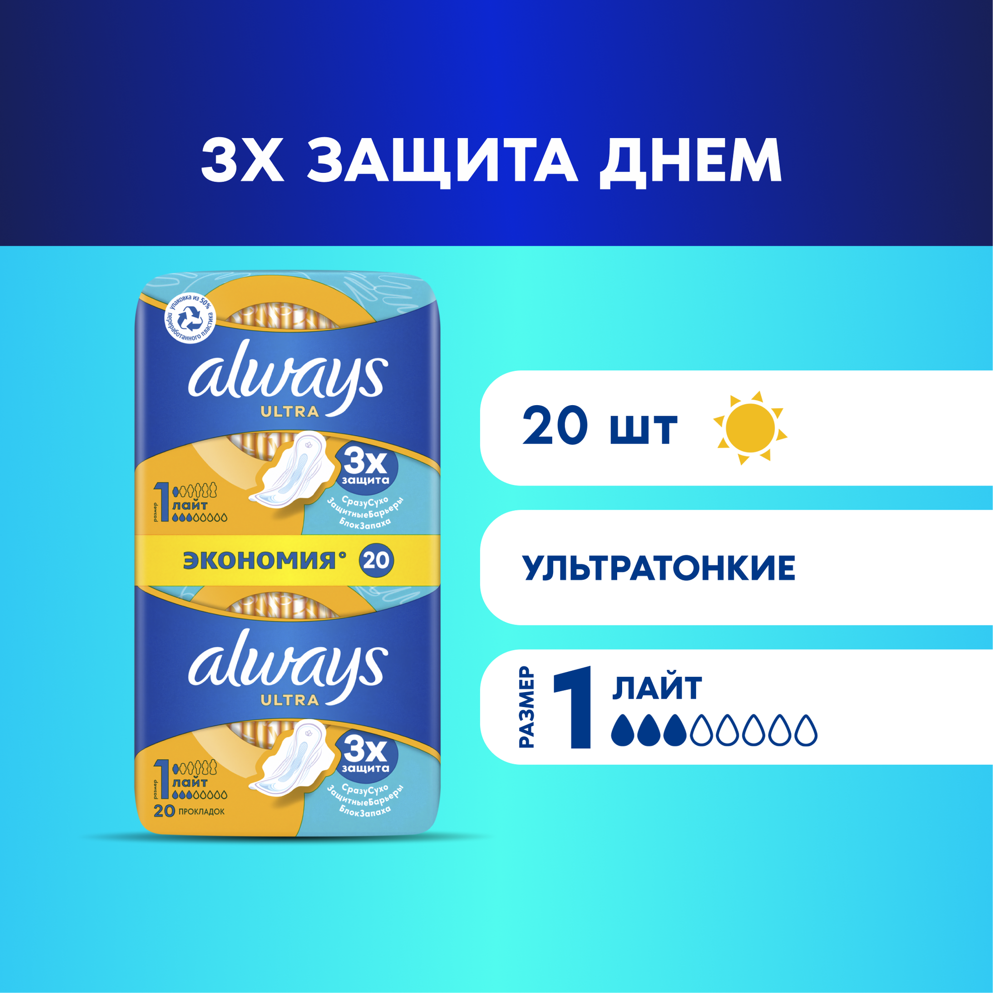 Женские гигиенические прокладки с крылышками Always Ultra Light размер 1, 20 шт.