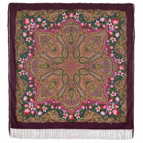 фото Платок павловопосадская платочная мануфактура,146х146 см, зеленый, розовый