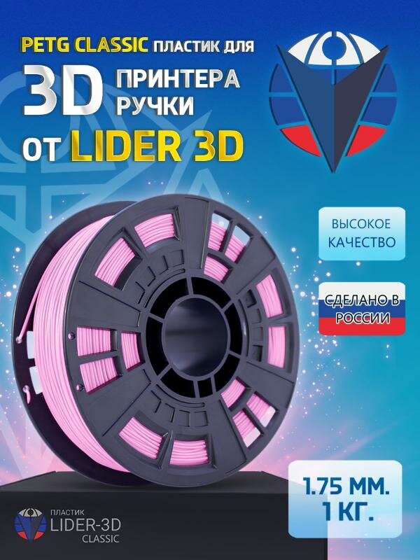 PETG пластик LIDER-3D Classic для 3D принтера 1.75 мм, Розовый, 1 кг