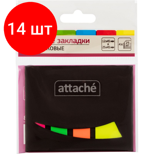 фото Комплект 14 штук, клейкие закладки пласт. 4цв. по 25л. 12ммх45 + 25ммх45 attache книжка