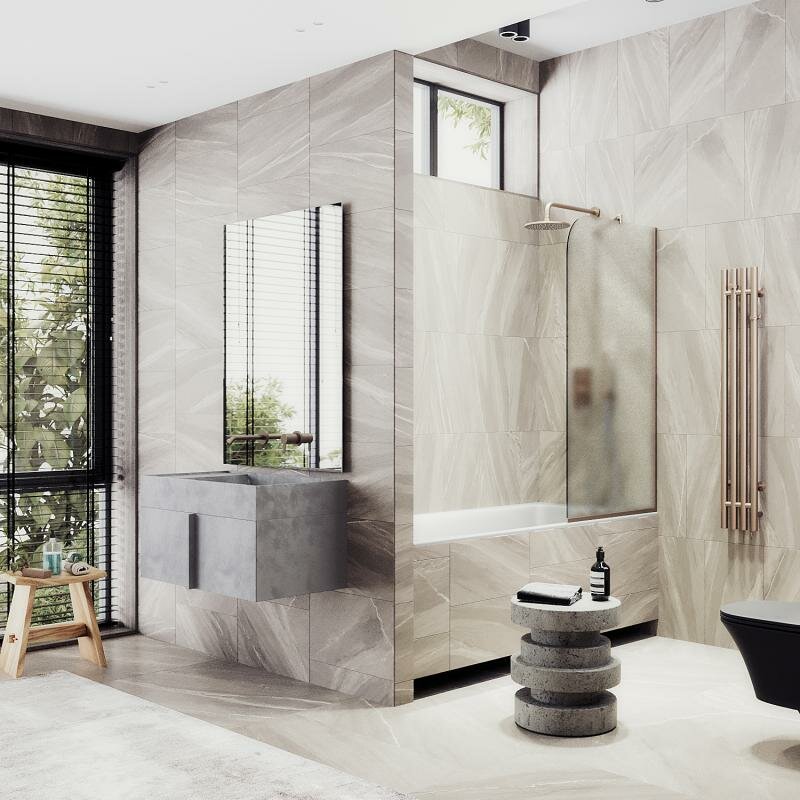 фото Maybah Glass Неподвижная шторка для ванны в узком профиле 80 см, стекло матовое, профиль бронза MGV-94-2у Maybah Glass