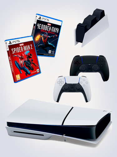 Изображение товара PS5 (ПС5) Игровая приставка Sony PlayStation 5 Slim disc +2-й геймпад (черный) +зарядное + игра Spider-Man2 + игра Marvel Человек паук