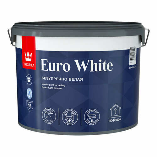 Краска акриловая TIKKURILA Euro White для потолка 9л белая, арт.700009612 краска tikkurila интерьерная euro smart 2 a гл мат белая 0 9л
