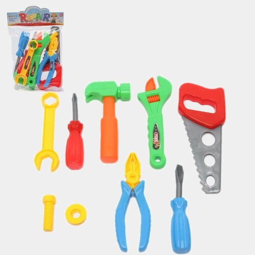 Детский набор игрушечных строительных инструментов для мальчика 9 предметов, пила, молоток, отвертки, плоскогубцы, гаечный и разводной ключи