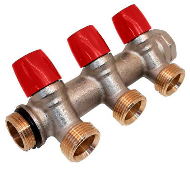фото Коллектор General Fittings 6300 1"х3/4" 3 вых, c вентилями, латунь никелир, красный регулятор