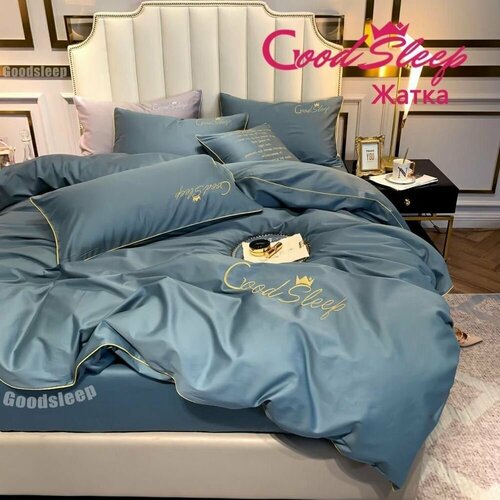 Комплект постельного белья Good Sleep, Сатин, Жатка, Семейный светло-синий