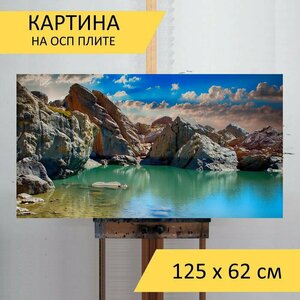 Картина на ОСП 125х62 см. "Озеро, пейзаж, природа" горизонтальная, для интерьера, с креплениями