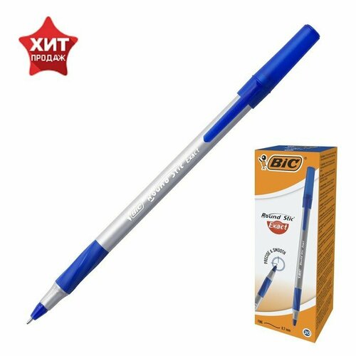 Ручка шариковая BIC Round Stic Exact, узел 0.7 мм, тонкое письмо, резиновый упор, чернила синие, одноразовая, серый корпус (комплект из 40 шт) набор ручек шариковых 4 шт bic round stic exact резиновый упор 0 7 мм синие чернила блистер 2 шт