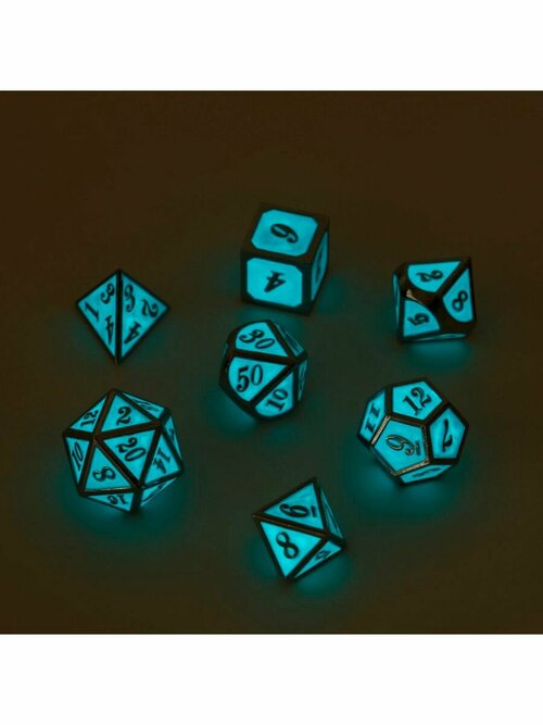 Набор светящихся металлических кубиков для DnD (Dungeons and Dragons, ДнД), энергия воды, 7 шт с мешочком