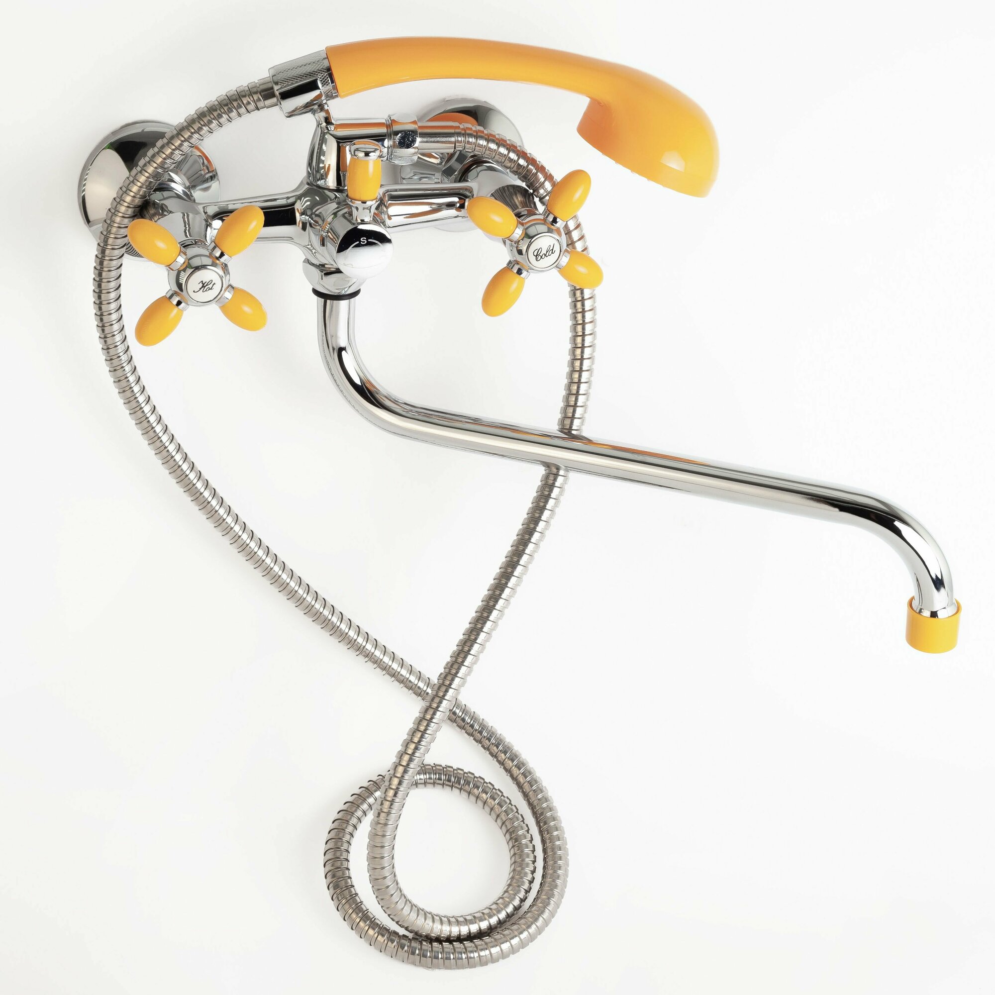 фото Капитошка / Смеситель для ванны с душем длинным изливом двухвентильный хром + желтый / 13670