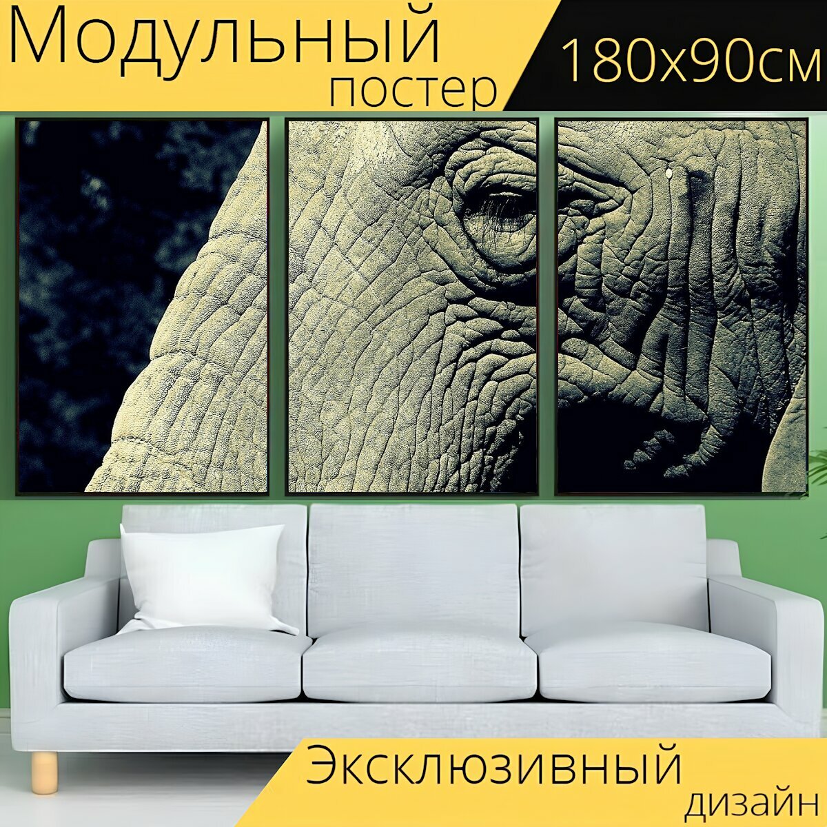 Модульный постер "Слон, ствол, глаз" 180 x 90 см. для интерьера