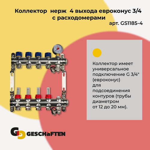 Изображение товара Коллектор с расходомерами для теплого пола из нержавеющей стали на 4 выхода евроконус 3/4 Geschaften