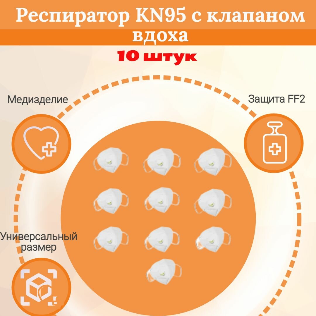 Респиратор медицинский белый KN 95 с клапаном вдоха, 10 штук в упаковке.