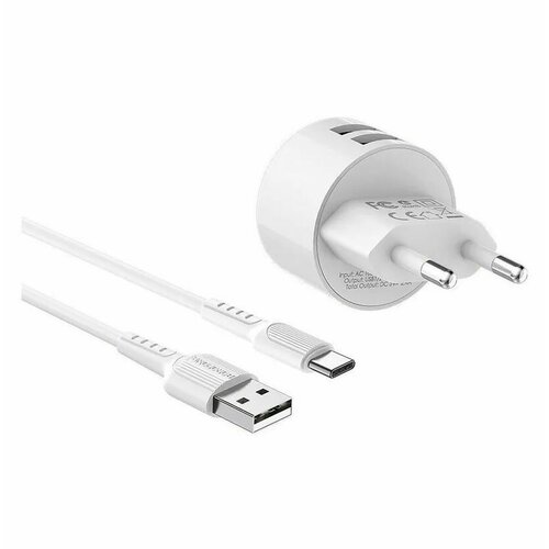 сзу кабель type c borofone ba23a brilliant 2usb 2 4a белый 04023 Сетевое ЗУ Borofone BA23A + кабель Type-C (2USB/2.4A) белый