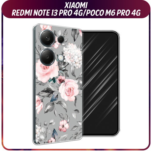 Силиконовый чехол на Xiaomi Redmi Note 13 Pro 4G/Poco M6 Pro 4G / Сяоми Редми Нот 13 Про 4G/Поко М6 Про 4G Розы на сером чехол кожаный для xiaomi redmi note 13 pro 4g poco m6 pro 4g чехол на редми ноте 13 про поко м6 про с защитой камеры змея черный