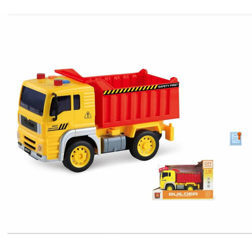 Грузовой автомобиль 1:20 инерционный на батарейках(свет, звук ) самосвал красно-желтый в коробке; подъем кузова, звуки авто