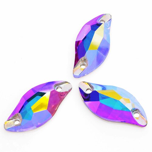Стразы пришивные хрустальные, стеклянные, форма Листок 9х20 мм, Кристалл АБ Crystal AB (радужный) 12 штук, для украшения танцевальных костюмов, марка Dongzhou
