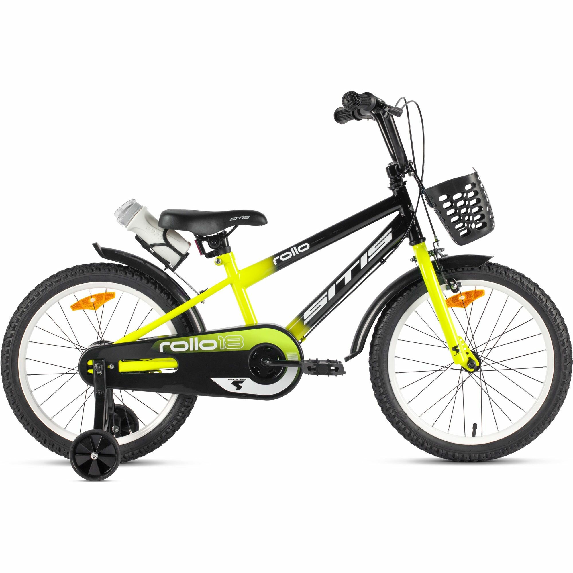 Велосипед детский городской SITIS ROLLO 18 2024 для детей от 4 лет до 6 лет стальная рама, с защитой цепи, флягой, корзиной, 1 ск, барабанный тормоза, черный/желтый цвет рост 115-130 см