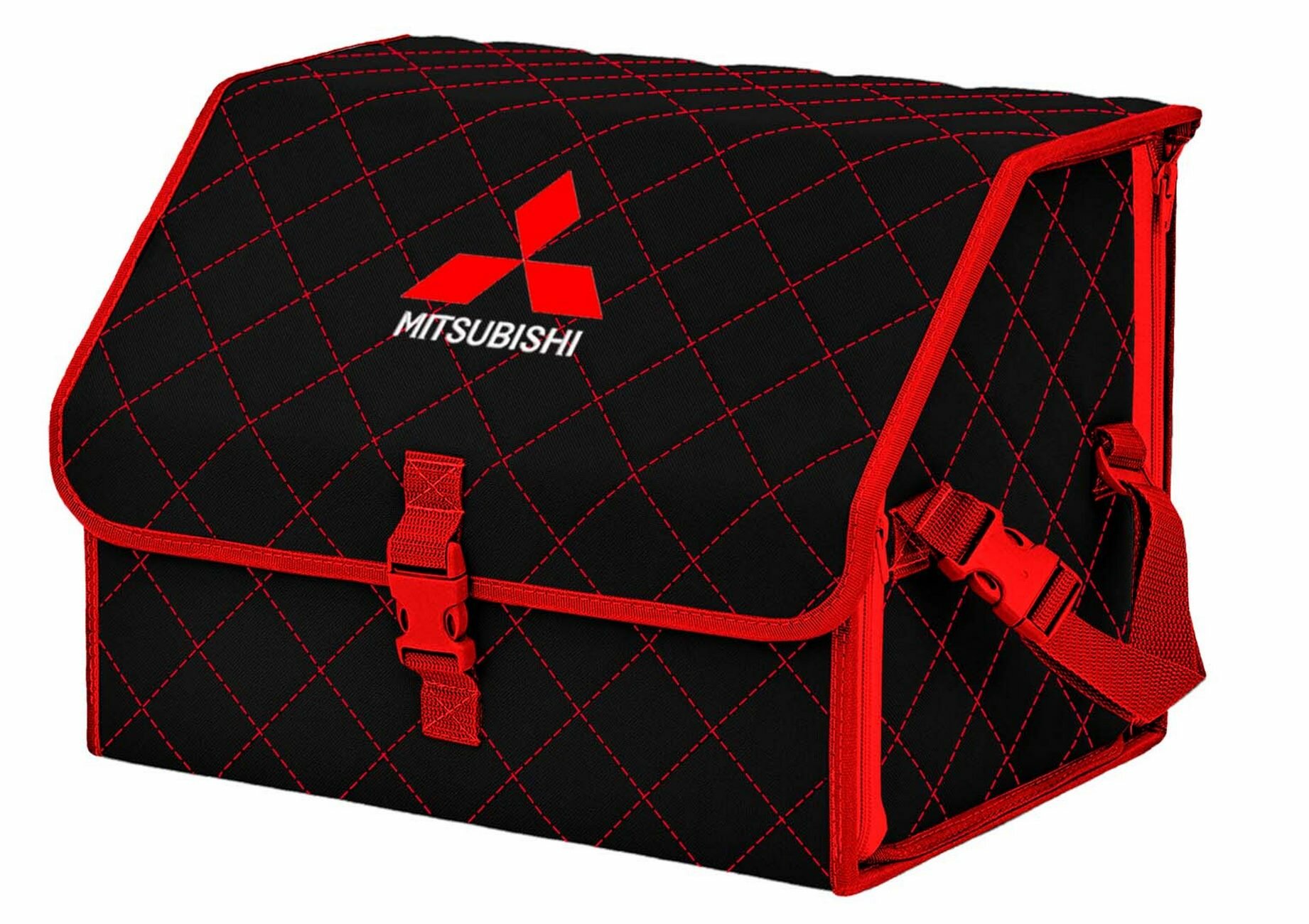 Органайзер-саквояж в багажник "Союз" (размер M). Цвет: черный с красной прострочкой Ромб и вышивкой Mitsubishi (Митсубиши).