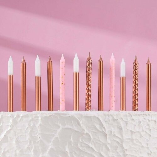 Набор свечей для торта Розовая вечеринка 12 шт белый и розовый металлик 299₽