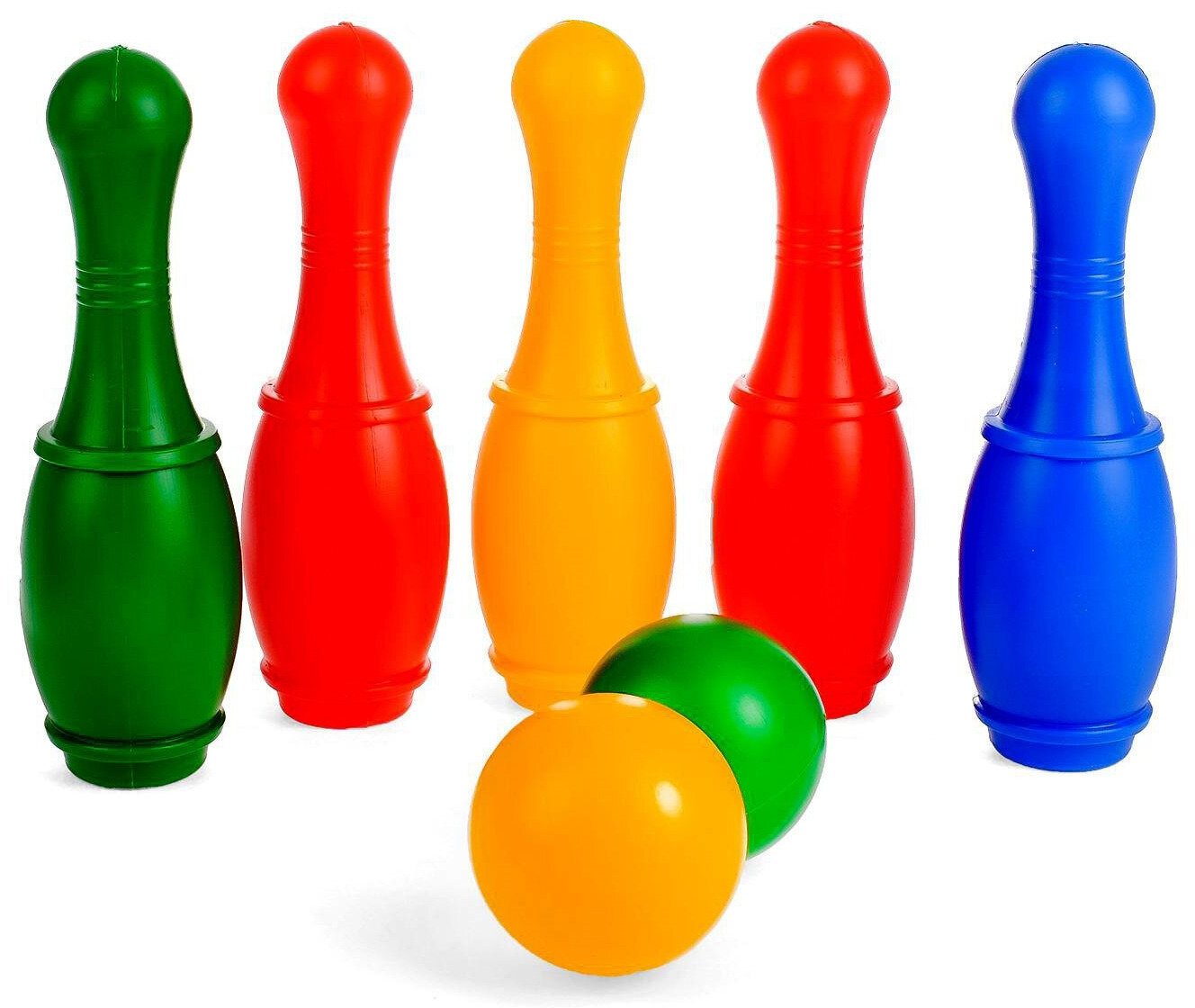 Цветной боулинг "Набор 34", детский игровой набор из 5 пластиковых кеглей и 2 шаров