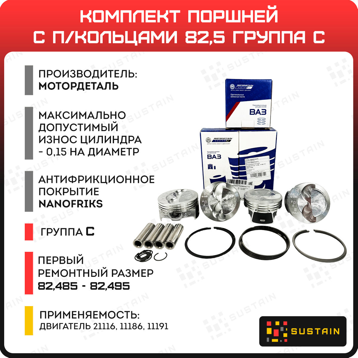 Мотордеталь поршневая группа B 825мм в комплекте с кольцами для двигателей ВАЗ 21116 11189 11186