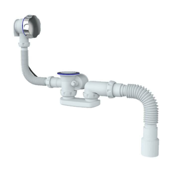 фото Слив-перелив для ванны плоский полуавтоматический (тросик) 1 1/2"x40 с гофрой 40х40/50 слив клапан, пробка D=70мм Unicorn S102