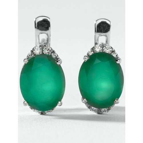 Серьги KAPLI jewelry, серебро, 925 проба, родирование, фианит, агат, размер 8 мм, длина 1.3 см, зеленый, серый