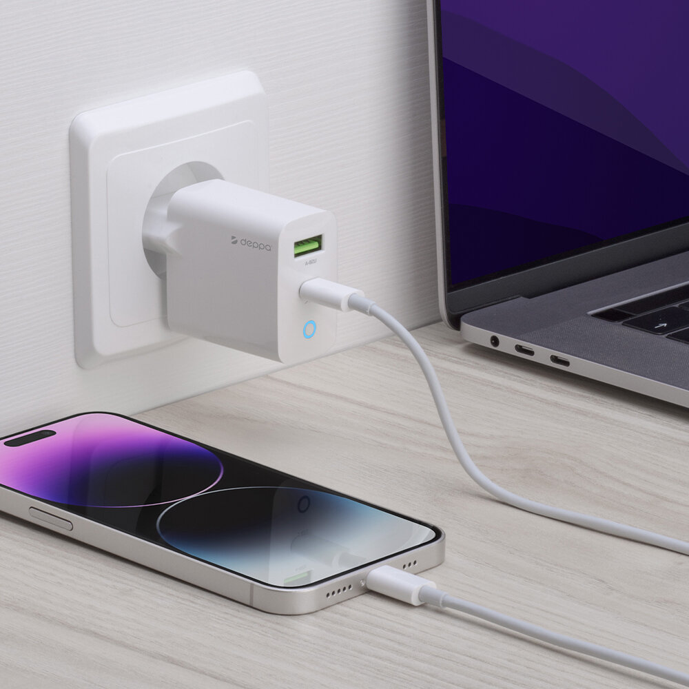 Сетевое зарядное устройство DEPPA 20W, USB + USB type-C, 8-pin Lightning (Apple), 3A, белый - фото №2