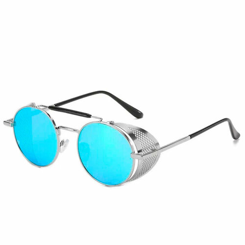 Солнцезащитные очки  Очки солнцезащитные круглые голубые зеркальные линзы / Очки стимпанк круглые / Очки карнавальные стимпанк, голубой, серебряный