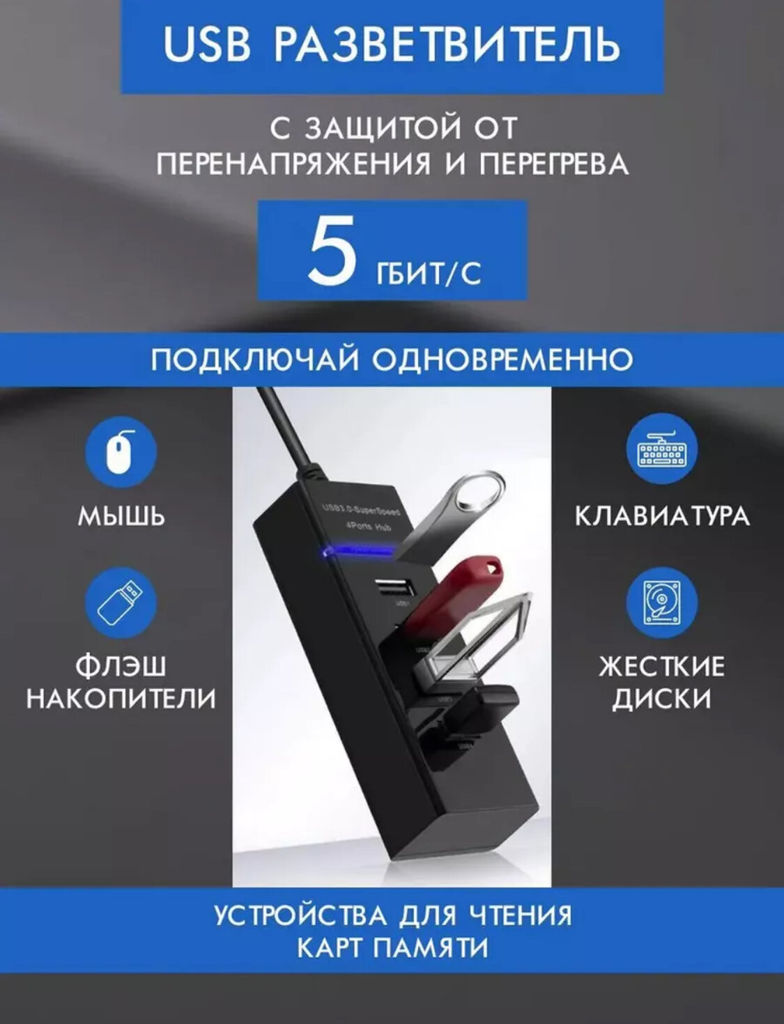 USB Hub разветвитель 4 порта USB 3.0 5 Гбит/с (USB-концентратор)