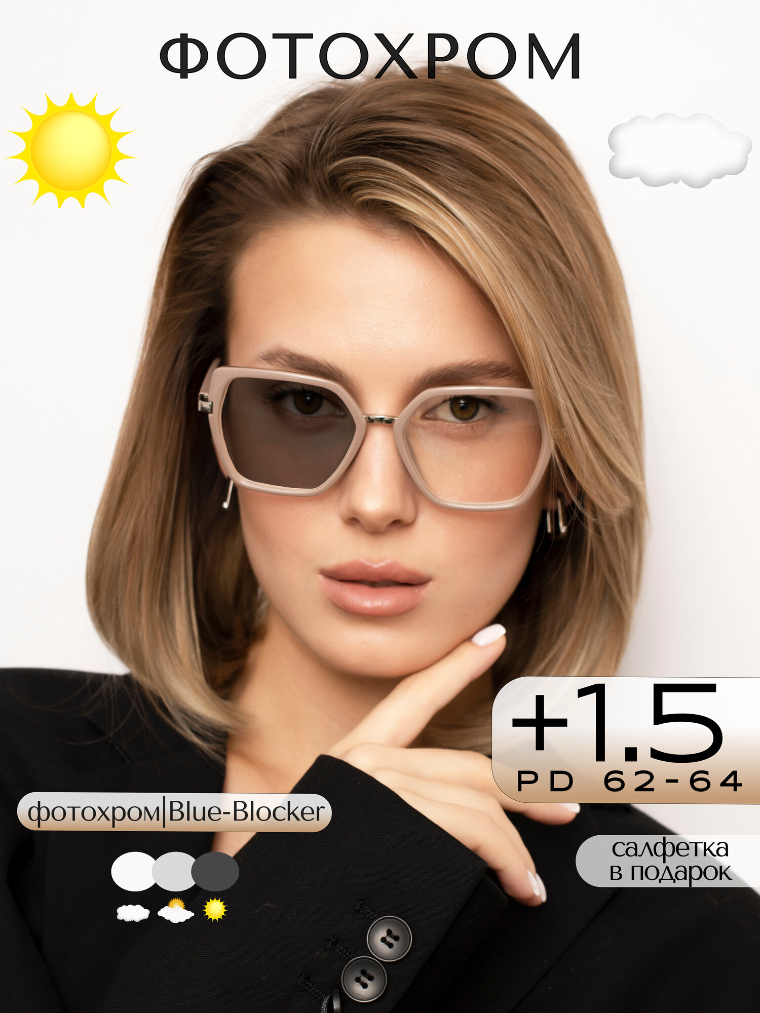Фотохромные очки для зрения +1,5 / Женские корригирующие очки для чтения с диоптрией +1.50
