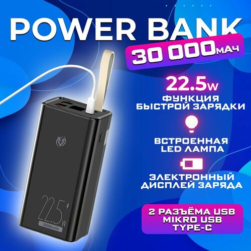 Портативный внешний аккумулятор JAPPI 30 000 mAh черный с фонариком 2100₽