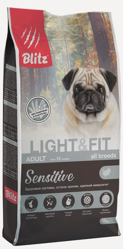 Изображение товара Blitz Adult Light&Fit Sensitive сухой корм для взрослых собак всех пород с лишним весом, с индейкой - 15 кг