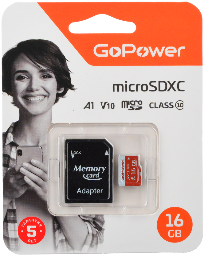 Карта памяти 16Gb MicroSD GoPower + SD адаптер (00-00025678)