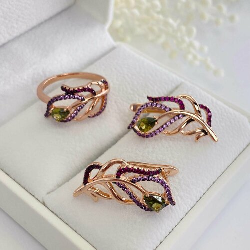 Комплект бижутерии QSY, фианит, размер кольца 19, золотой