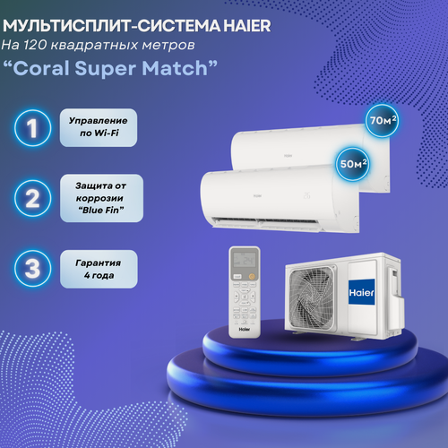 Изображение товара Мультисплит-система Haier Coral Super Match AS50PS1HRA-M + AS70PS1HRA-M / 5U105S2SS5FA на 2 комнаты 50+70 м²