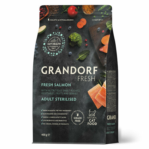 Grandorf Fresh Cat Sterilised беззерновой корм для стерилизованных кошек Лосось с бататом, 400 г.