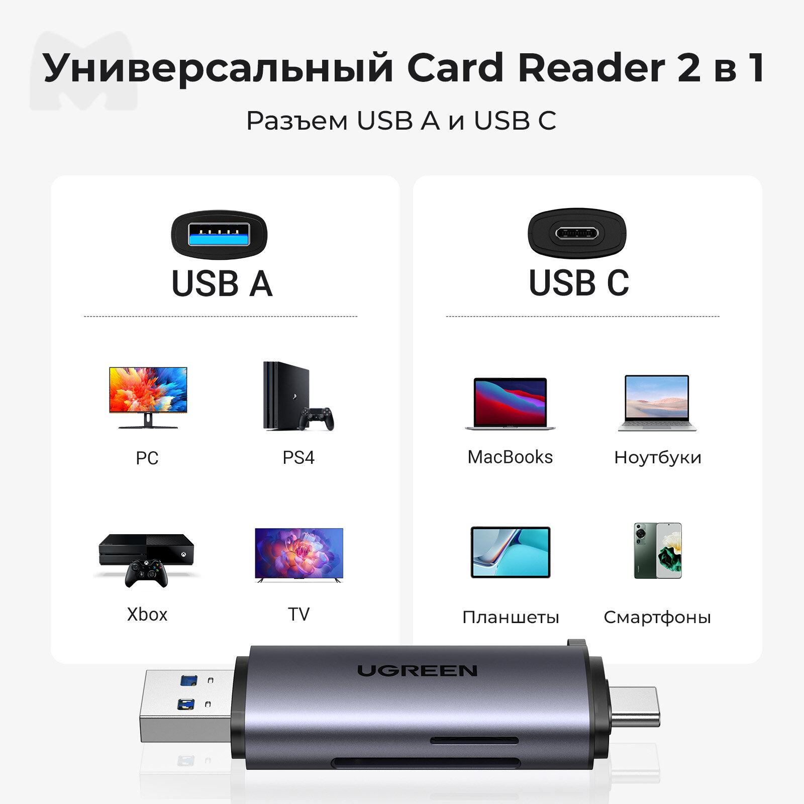 UGREEN. Кардридер USB-C + USB-A 3.0 для карт памяти TF/SD (50706) — фото 1