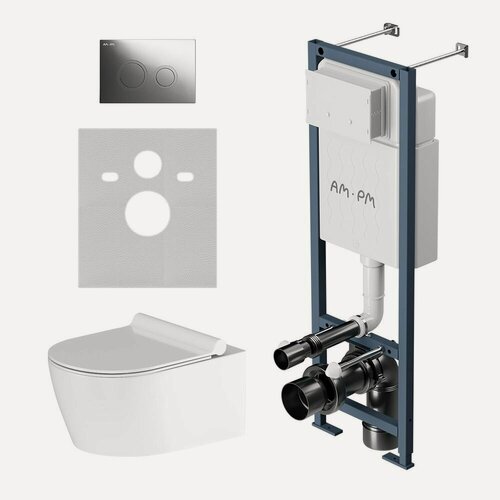 Изображение товара Инсталляция с подвесным унитазом AM.PM Jupiter мех. кнопка ErgoFit L глянцевый хром, шумоизоляция