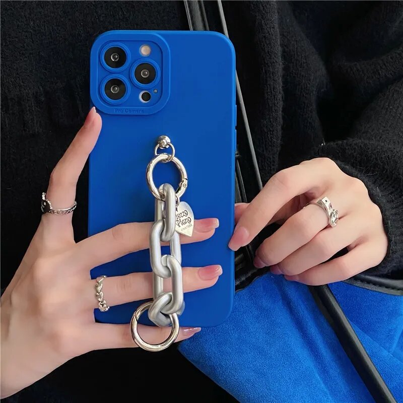Корейский матовый мягкий чехол на запястье для iPhone 13 Pro Max 12 11 MiNi XS XR X 8 7 Plus SE 2, милый силиконовый чехол для телефона с цепочкой, Blue, for iphone 12 ProMax
