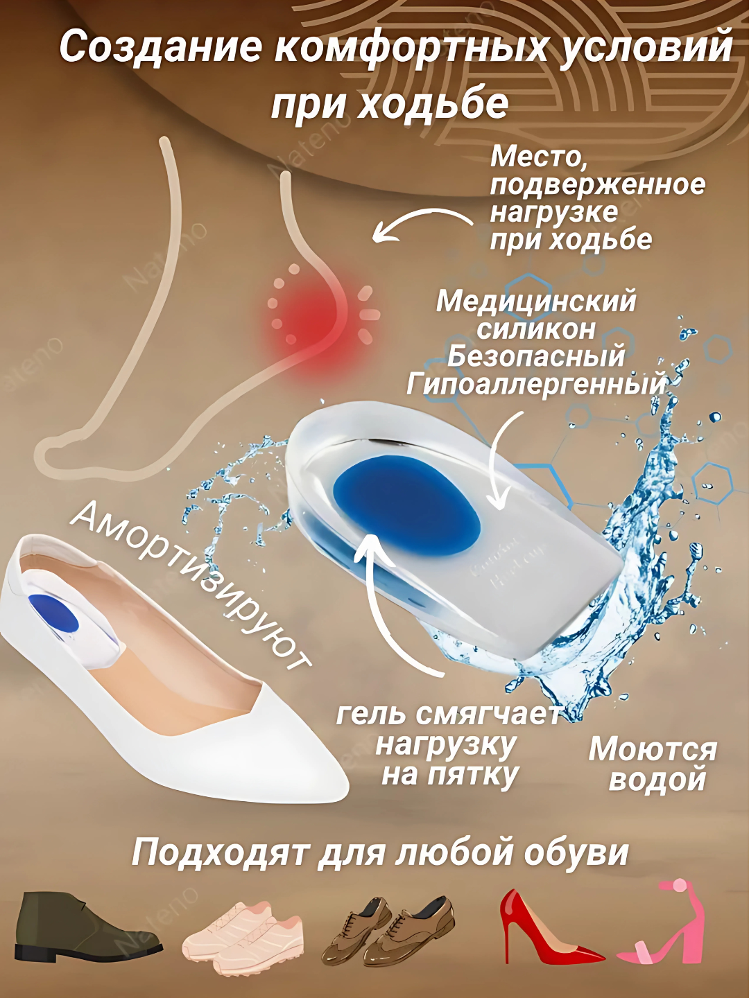 Стельки ортопедические Гелевые Подпяточники, силиконовые полустельки с амортизацией под пятку для обуви, универсальный размер BLUE — фото 1