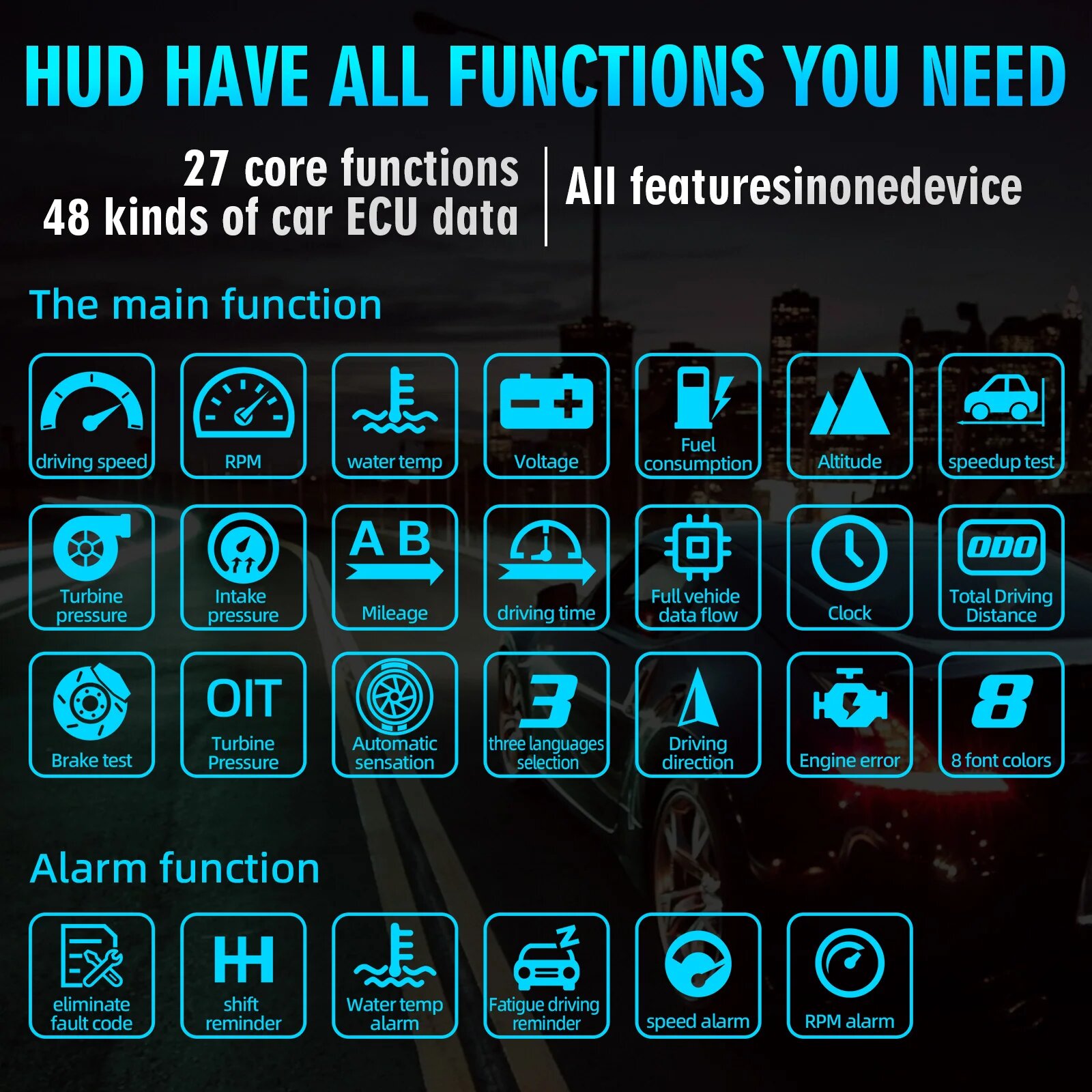 HUD C1 Навигационный проекционный дисплей OBD2 + GPS Цифровой спондометр Вода Масло Температура Об/мин Турбо-пресс Дисплей Проекция лобового стекла — фото 1