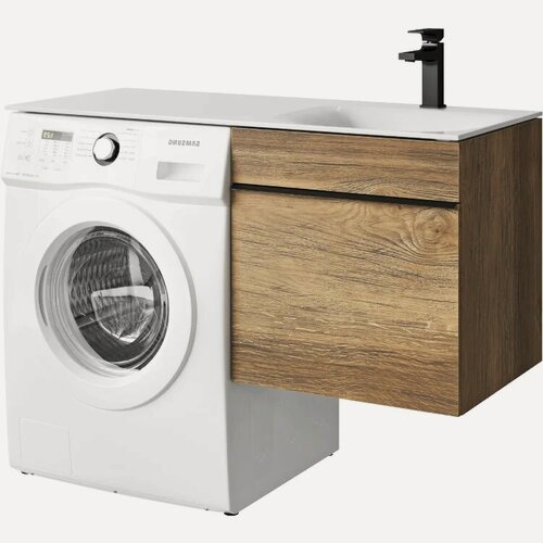 Изображение товара Тумба с раковиной Aqwella Terra 53 R подвесная, под стиральную машину, 115 см, светлое дерево, матовая, из ЛДСП, с ящиками, раковина для ванной из искусственного мрамора, прямоугольная, лофт