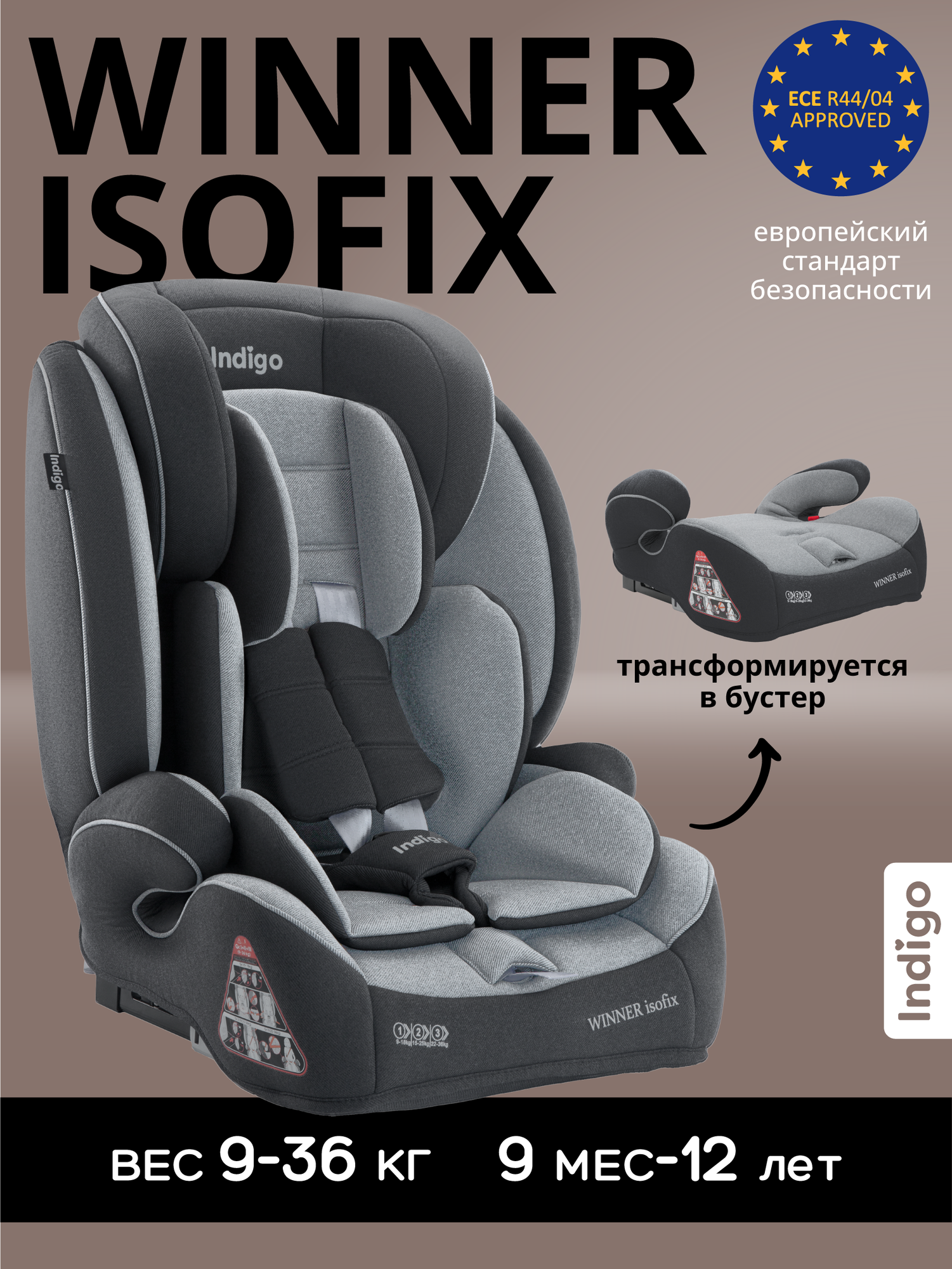 Автокресло бустер 2 в 1 WINNER ISOFIX 9-36 кг группа 123 темно-серый светло-серый
