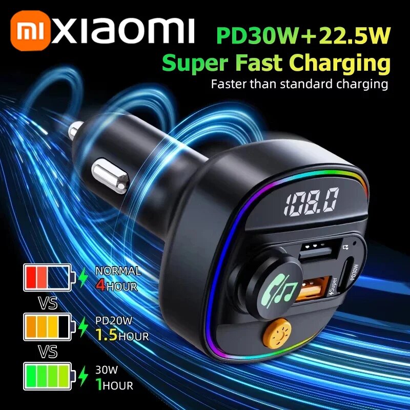 Музыкальные Плееры Xiaomi FM-передатчик Xiaomi Bluetooth 5,3 Автомобильный AUX-радио модулятор громкой связи MP3-плеер с адаптером быстрой зарядки Автоаксессуары, C4S Black