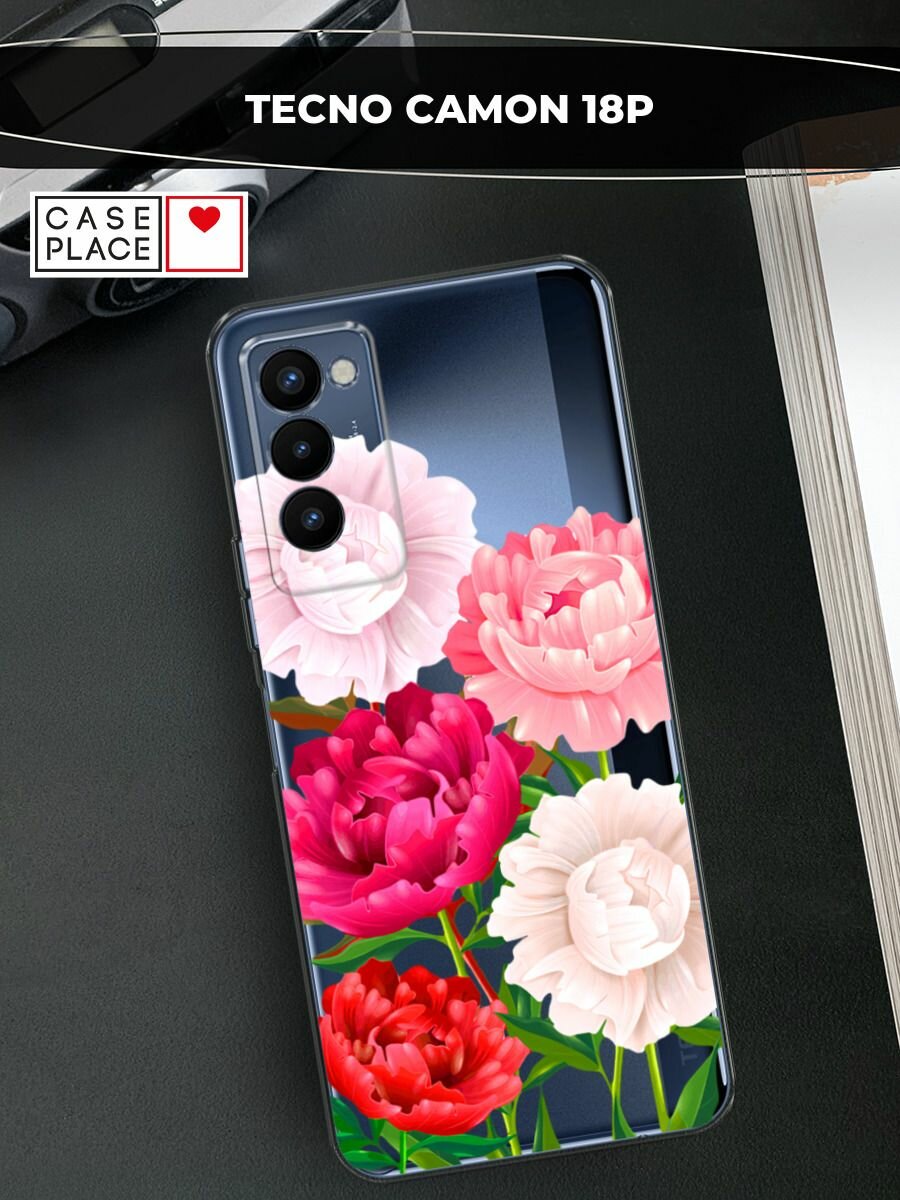 Чехол на Tecno Camon 18P / Техно Камон 18Р с принтом "Большие пионы", прозрачный